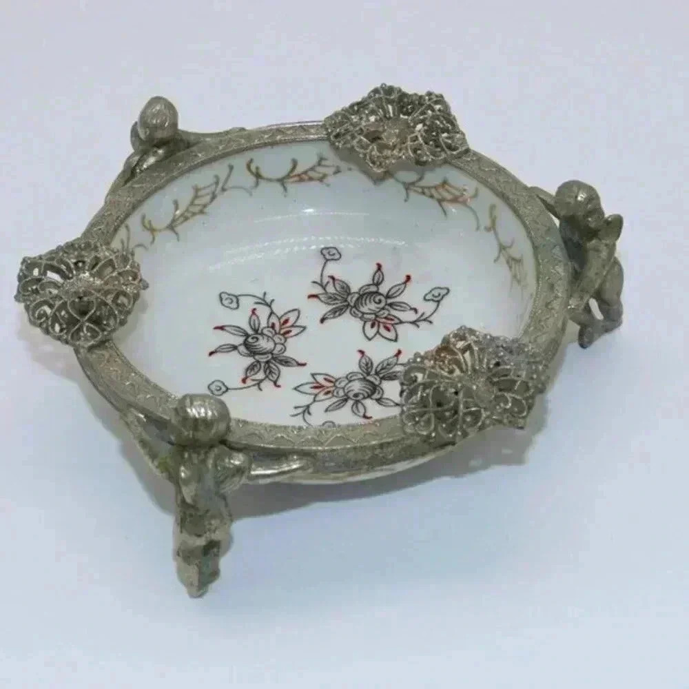 Cherub Angel Hand Painted Porcelain Trinket Dish Vintage Antique